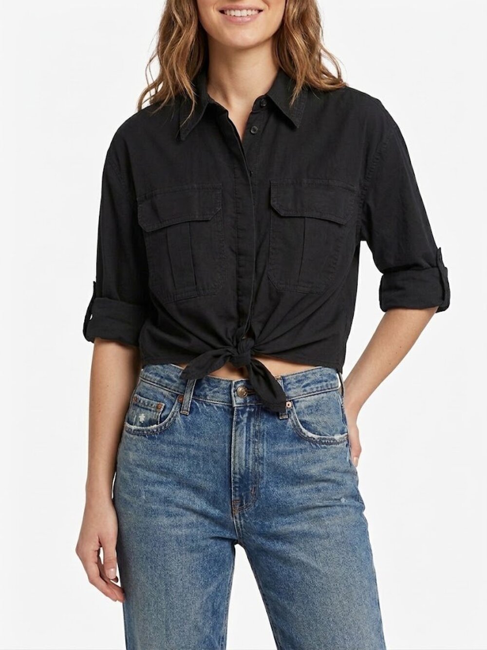 Banana Republic Black Utility Tie Front Button Down Shirt Size L